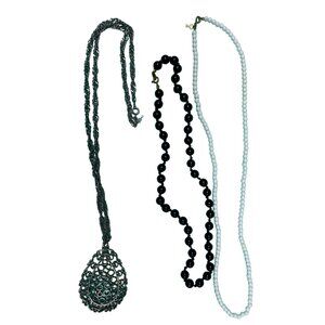 Vintage Crown TRIFARI lot of 3 Necklaces - Black Beaded, Silver Filigree Pendant